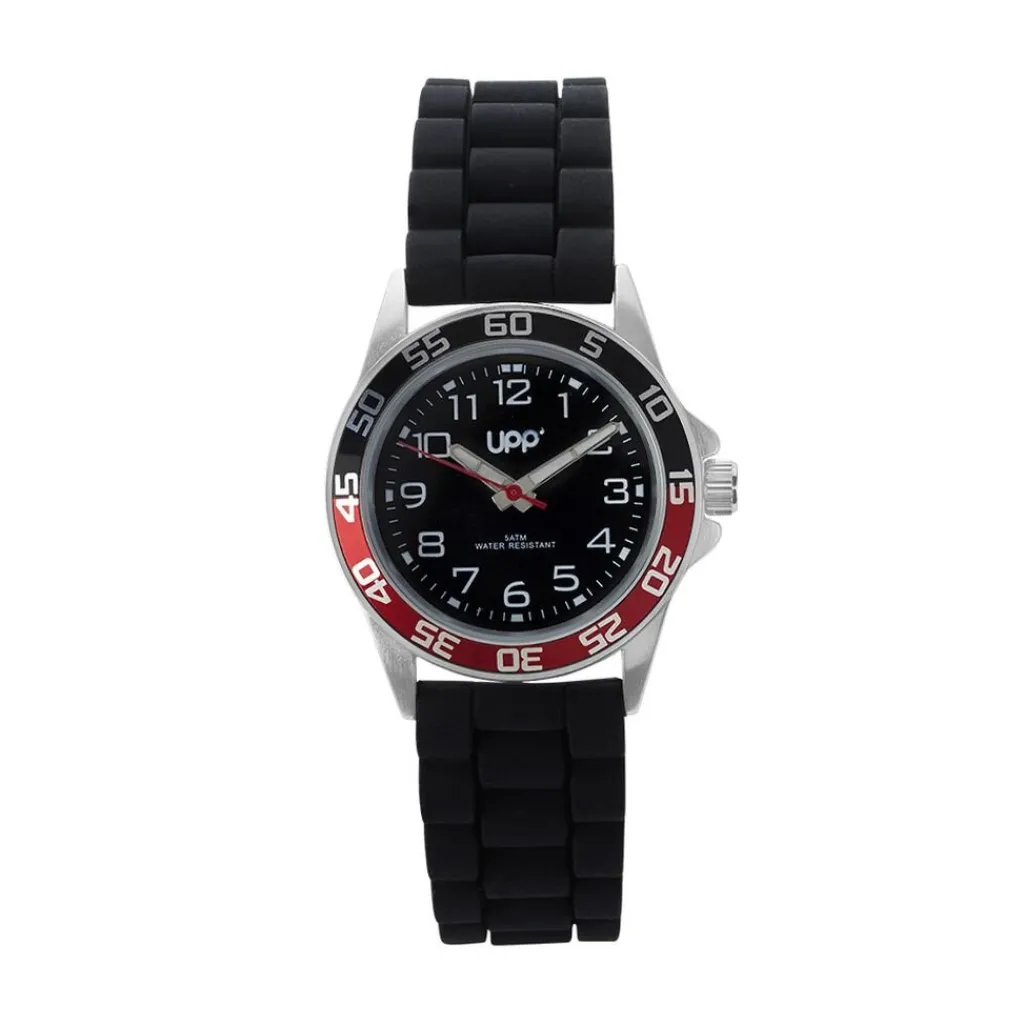 UPP Montre Axel Noir Et Rouge cadran argenté fond noir bracelet silicone noire New