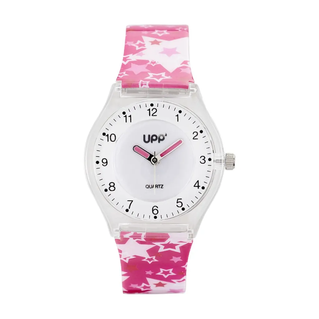 UPP Montre Etoile Blanc cadran blanc fond blanc bracelet plastique rose Hot