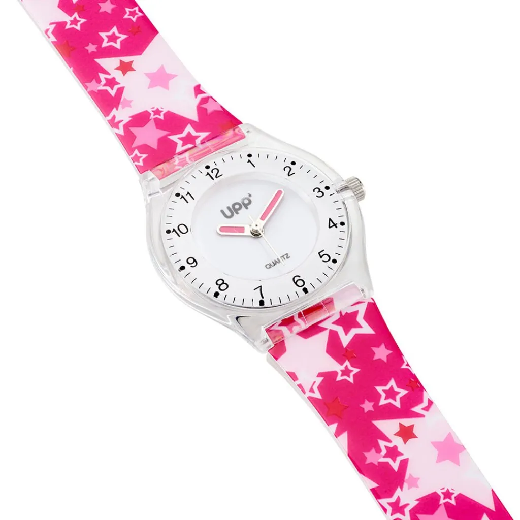 UPP Montre Etoile Blanc cadran blanc fond blanc bracelet plastique rose Hot
