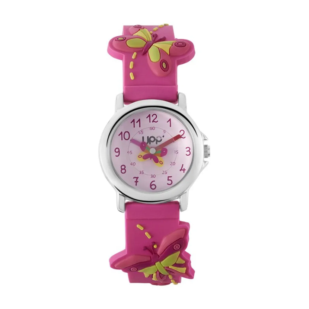 UPP Montre Fuzzy Rose cadran argenté fond rose bracelet silicone rose Clearance
