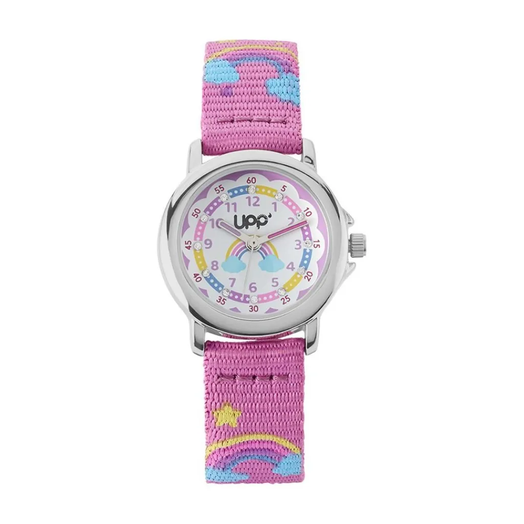 UPP Montre Lea Blanc cadran argenté fond multicolore bracelet tissu violet Clearance